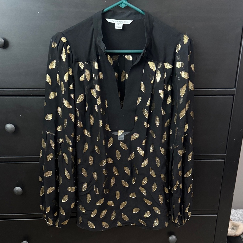 Diane Von Furstenberg Black and Gold Leaf Blouse
